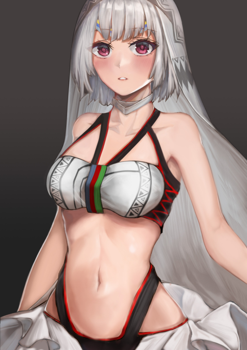 1girl absurdres altera_(fate) bandeau bangs beiwang black_background blush breasts choker commentary eyebrows_visible_through_hair fate/grand_order fate_(series) highres long_hair looking_at_viewer medium_breasts midriff navel parted_lips red_eyes silver_hair simple_background solo stomach upper_body very_long_hair white_choker