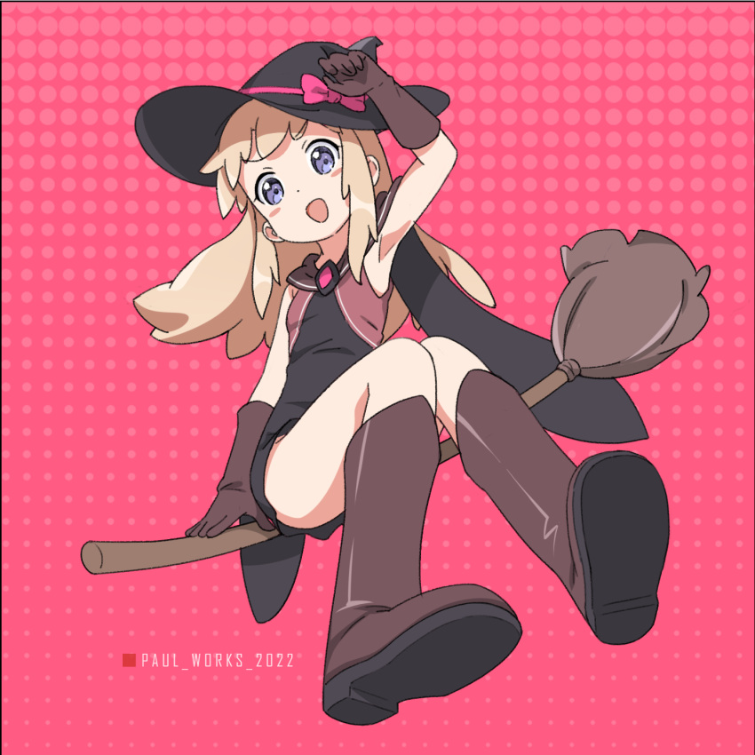1girl armpits black_headwear blonde_hair blue_eyes blush breasts broom broom_riding brown_gloves gloves hat highres lonesome_street long_hair looking_at_viewer open_mouth polka_dot polka_dot_background simple_background small_breasts smile solo toshinou_kyouko witch witch_hat yuru_yuri