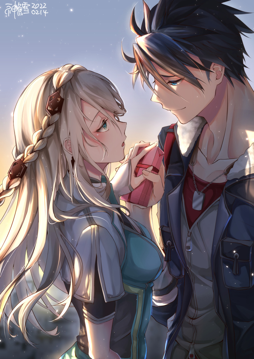 1boy 1girl aqua_eyes black_hair blonde_hair blue_eyes blue_jacket blush box braid breasts closed_mouth commentary couple crown_braid dated dog_tags earrings eiyuu_densetsu elaine_auclair english_commentary eyebrows_visible_through_hair face-to-face from_side fur-trimmed_jacket fur_trim gift gift_box hair_between_eyes hetero highres holding holding_gift holding_hands jacket jewelry kuro_no_kiseki light_particles long_hair looking_at_another medium_breasts mixed-language_commentary open_clothes open_jacket open_mouth profile red_shirt shirt short_hair smile spiky_hair upper_body valentine van_arkride white_jacket white_shirt willfin zipper zipper_pull_tab