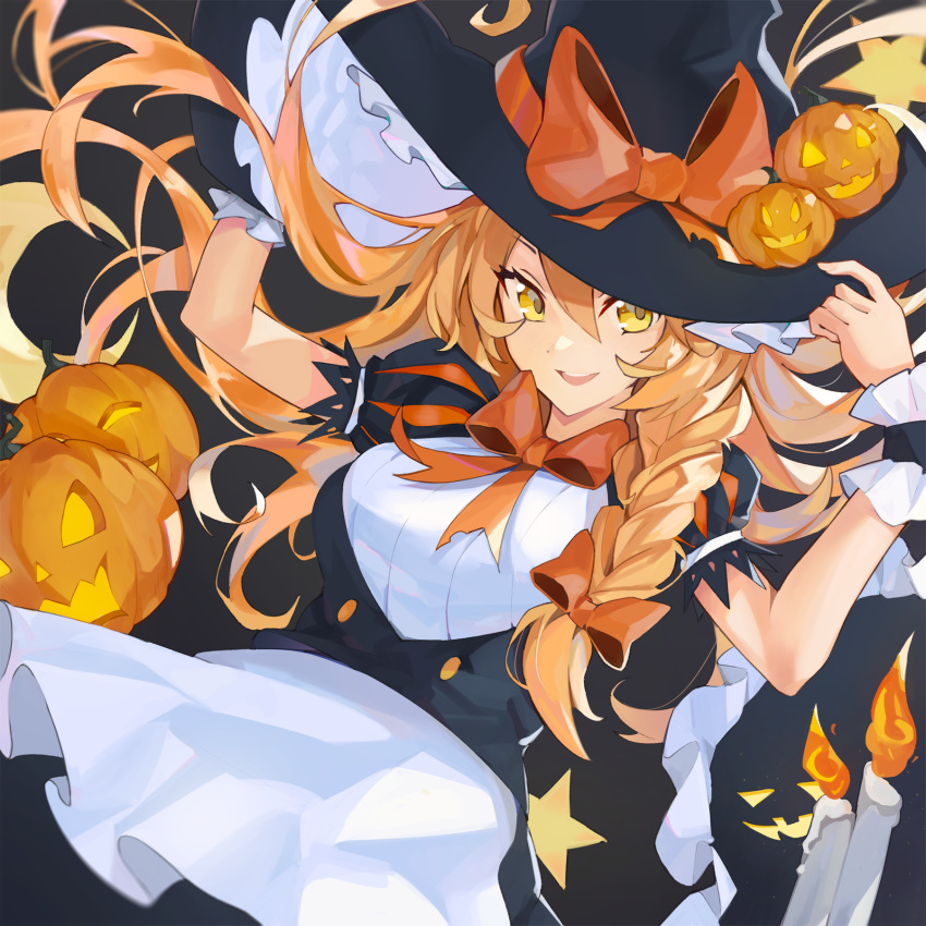 1girl :d adjusting_clothes adjusting_headwear apron black_headwear black_shirt black_skirt blonde_hair bow braid candle dot_nose eyebrows_visible_through_hair fire flame floating_hair hair_between_eyes hair_bow hat hat_bow hiemal_(winter_crow) highres jack-o'-lantern kirisame_marisa long_hair looking_at_viewer open_mouth orange_bow puffy_short_sleeves puffy_sleeves pumpkin pumpkin_hat_ornament shirt short_sleeves single_braid skirt smile solo star_(symbol) symbol-only_commentary teeth touhou upper_teeth waist_apron white_apron witch_hat wrist_cuffs yellow_eyes