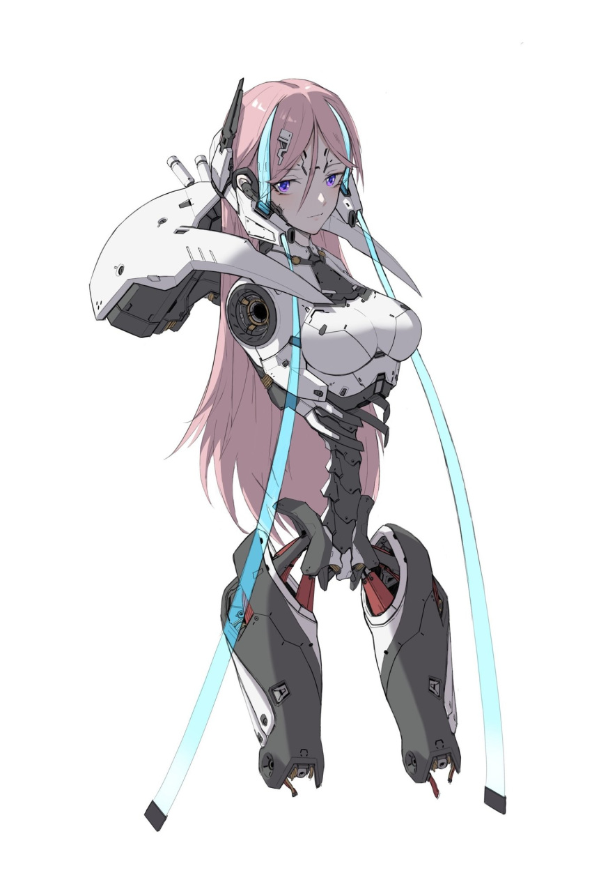 1girl amputee android breasts cable ctpt9r hair_between_eyes headgear highres joints light_smile long_hair looking_at_viewer medium_breasts original pink_hair robot_joints science_fiction solo spine violet_eyes white_background