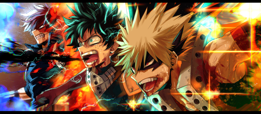 3boys attack bakugou_katsuki blonde_hair blood blood_on_clothes blood_on_face blue_eyes boku_no_hero_academia burn_scar clenched_teeth electricity explosion fire freckles glowing green_eyes green_hair highres ice lens_flare male_focus mask mask_removed midoriya_izuku mkm_(mkm_storage) multicolored_hair multiple_boys open_mouth red_eyes redhead scar scar_on_face shouting signature spiky_hair split-color_hair teeth todoroki_shouto two-tone_hair v-shaped_eyebrows white_hair