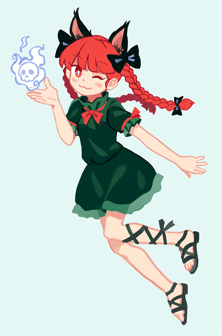 1girl :3 animal_ear_fluff animal_ears bad_id bad_pixiv_id bangs black_bow black_footwear black_ribbon blunt_bangs blush_stickers bow bowtie braid bright_pupils cat_ears closed_mouth dress eyebrows_visible_through_hair frilled_dress frills full_body green_dress hair_bow hand_up highres hitodama kaenbyou_rin leg_ribbon long_hair looking_at_viewer nekomata one_eye_closed red_bow red_bowtie red_eyes redhead ribbon sandals solo touhou twin_braids white_pupils you_taira