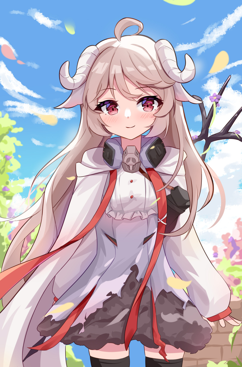 1girl aaaaabk! absurdres ahoge animal_ears arknights bangs black_legwear blue_sky blush cape closed_mouth clouds commentary_request day dress eyebrows_visible_through_hair eyjafjalla_(arknights) headphones headphones_around_neck highres horns light_brown_hair long_sleeves outdoors puffy_long_sleeves puffy_sleeves red_eyes sheep_ears sheep_girl sheep_horns sky smile solo thigh-highs white_cape white_dress