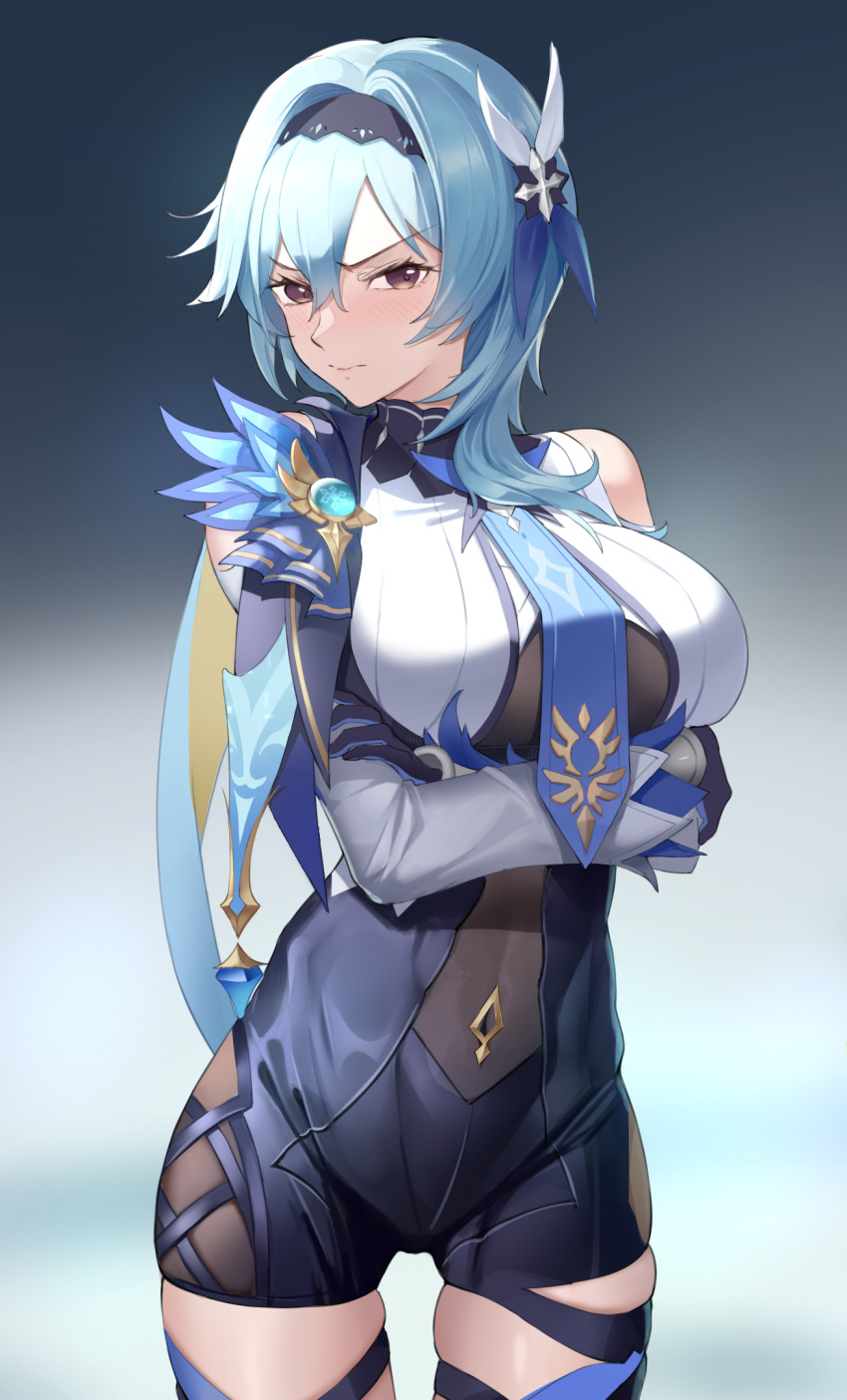 1girl amco arms_under_breasts asymmetrical_hair bangs blue_gloves blue_hair blue_necktie blush breasts capelet closed_mouth covered_navel crossed_arms detached_sleeves eula_(genshin_impact) genshin_impact gloves hair_between_eyes hair_ornament hairband highres large_breasts leotard looking_at_viewer medium_hair necktie skindentation solo thigh-highs thigh_strap thighs v-shaped_eyebrows violet_eyes vision_(genshin_impact) wavy_mouth