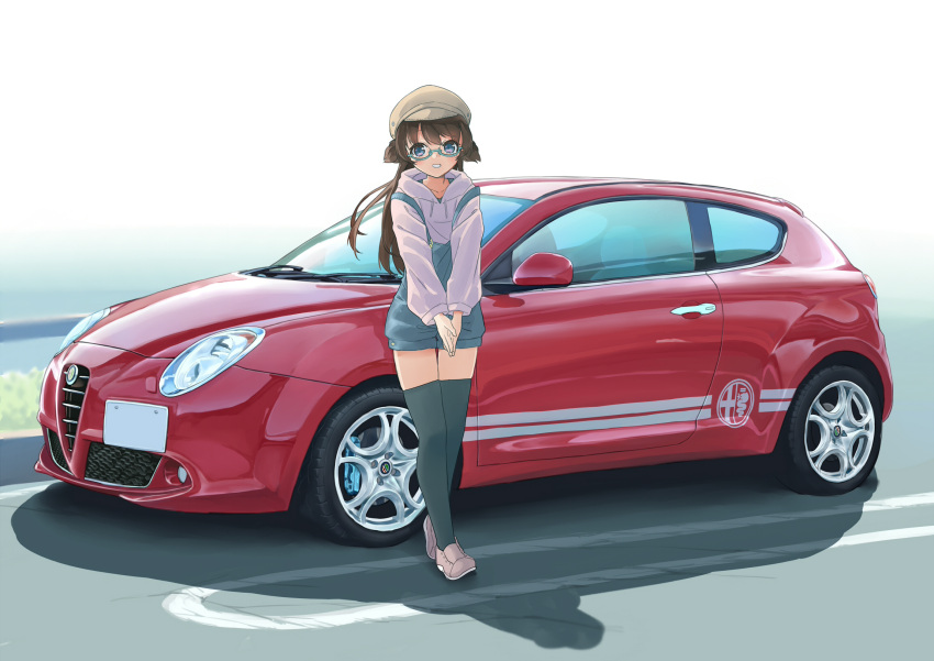 1girl alfa_romeo alfa_romeo_giulietta amemiya_sekira black_legwear brown_hair brown_headwear cabbie_hat car commentary_request day glasses green-framed_eyewear ground_vehicle hat highres hood hood_down hoodie long_hair long_sleeves looking_at_viewer motor_vehicle original outdoors overall_shorts overalls own_hands_together palms_together parted_lips pink_footwear puffy_long_sleeves puffy_sleeves purple_hoodie sekira_ame semi-rimless_eyewear shoes smile solo thigh-highs two_side_up under-rim_eyewear vehicle_focus vehicle_request very_long_hair