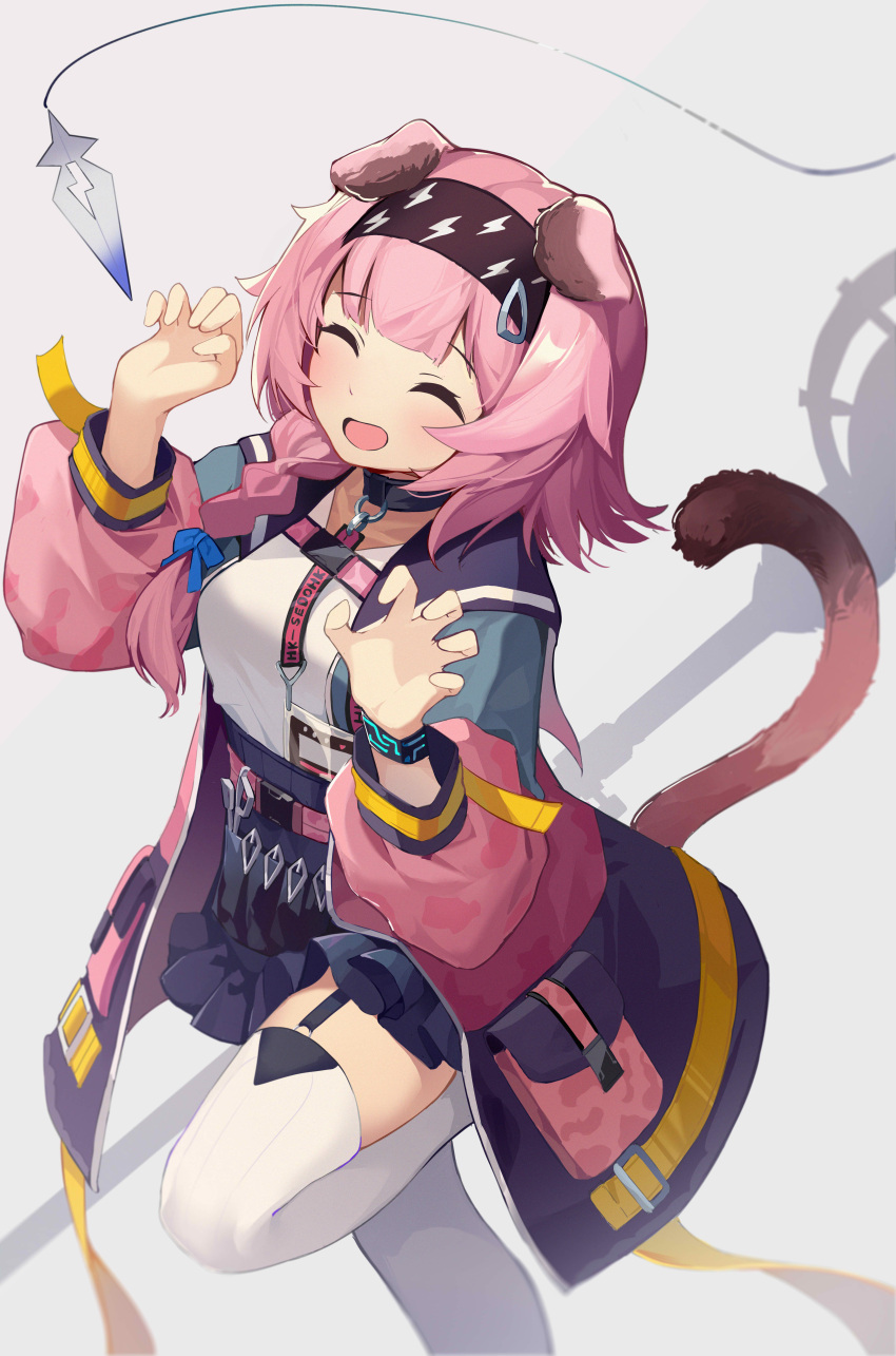1girl :d ^_^ absurdres animal_ears arknights bangs black_jacket black_skirt blue_bow bow braid breasts cat_ears cat_girl cat_tail claw_pose closed_eyes eyebrows_visible_through_hair facing_viewer frilled_skirt frills garter_straps goldenglow_(arknights) grey_background hair_bow hair_over_shoulder hands_up highres jacket kankou_tokudou lightning_bolt_print medium_breasts open_clothes open_jacket pink_hair shirt simple_background single_braid skirt smile solo standing standing_on_one_leg tail thigh-highs white_legwear white_shirt