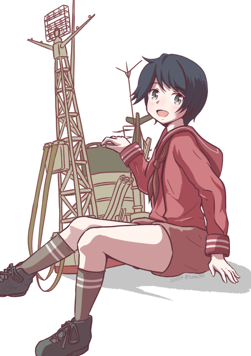 1girl aaoi bangs black_hair black_legwear boots brown_sailor_collar brown_serafuku brown_shorts cross-laced_footwear grey_eyes highres kantai_collection kneehighs lace-up_boots long_sleeves looking_at_viewer machinery mogami_(kancolle) one-hour_drawing_challenge sailor_collar school_uniform serafuku short_hair shorts simple_background sitting smile smokestack solo swept_bangs white_background