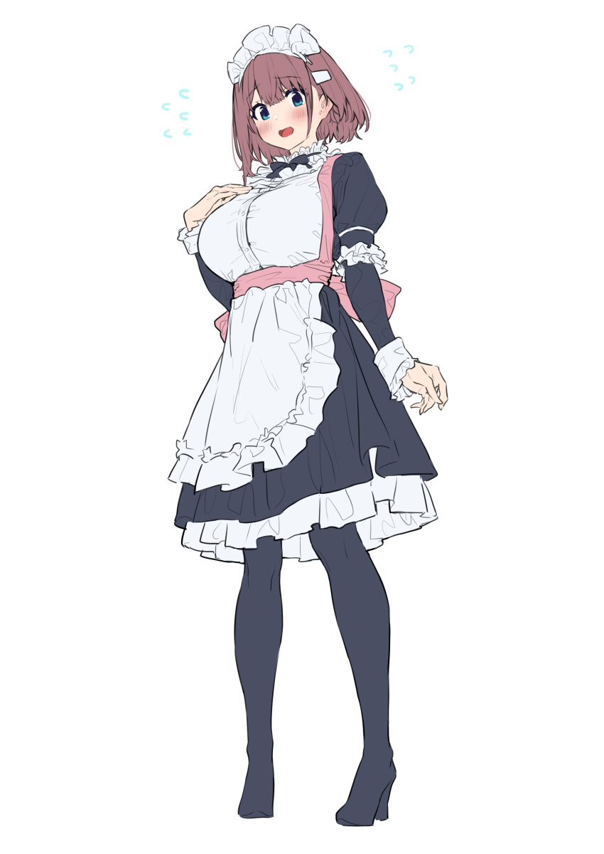 1girl absurdres apron baffu bangs blue_eyes blush breasts brown_hair commentary_request eyebrows_visible_through_hair highres hitoyo_(baffu) large_breasts looking_at_viewer maid maid_apron maid_headdress open_mouth original short_hair solo white_background