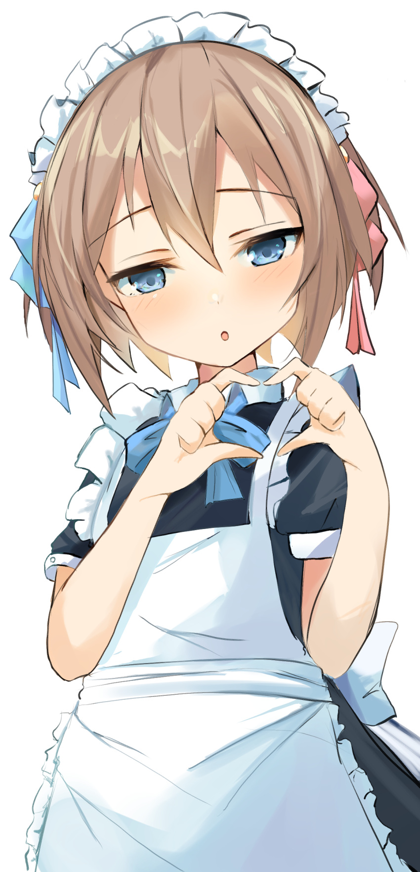 1girl :o absurdres alternate_costume apron bimmy black_dress blanc_(neptune_series) blue_bow blue_bowtie blue_eyes blue_ribbon blush bow bowtie brown_hair dress enmaided frilled_apron frills hair_between_eyes hair_ribbon hands_up heart heart_hands highres looking_at_viewer maid maid_headdress medium_hair neptune_(series) own_hands_together red_ribbon ribbon short_sleeves solo staring white_apron