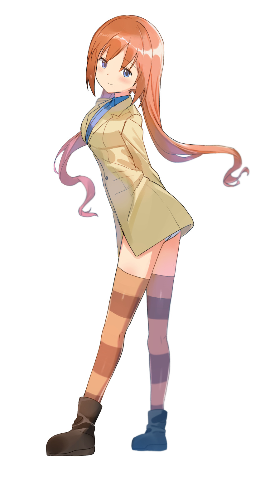 1girl absurdres arms_behind_back bangs blue_eyes blue_shirt blush boots closed_mouth collared_shirt dress_shirt eyebrows_visible_through_hair floating_hair highres leaning_forward long_hair long_sleeves looking_at_viewer low_twintails mejina orange_hair parted_bangs patricia_schade shiny shiny_hair shirt simple_background smile solo striped striped_legwear thigh-highs thighs twintails white_background world_witches_series