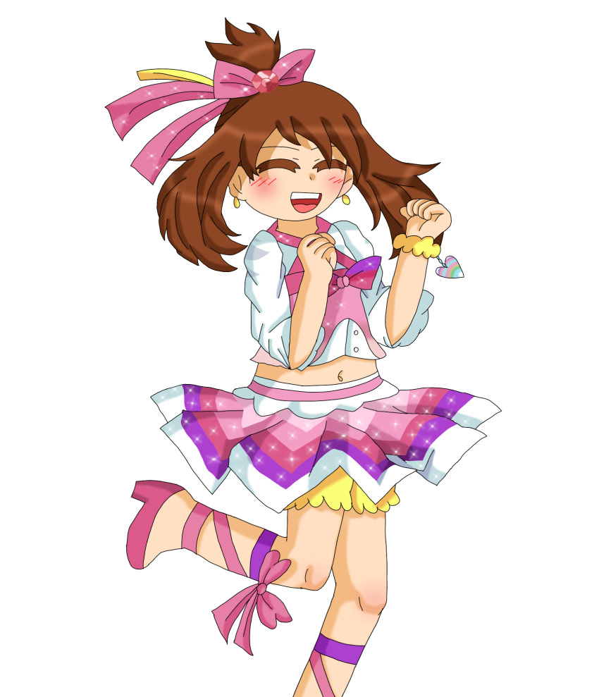 1girl :d bangs blush bracelet brown_hair buttons clenched_hands closed_eyes commentary earrings english_commentary hair_ribbon hands_up happy high_heels highres jewelry knees leg_up long_hair may_(pokemon) navel open_mouth pink_footwear pink_ribbon pokemon pokemon_(game) pokemon_oras purplemagechan ribbon shirt shorts shorts_under_skirt skirt smile solo teeth tongue upper_teeth white_shirt yellow_shorts