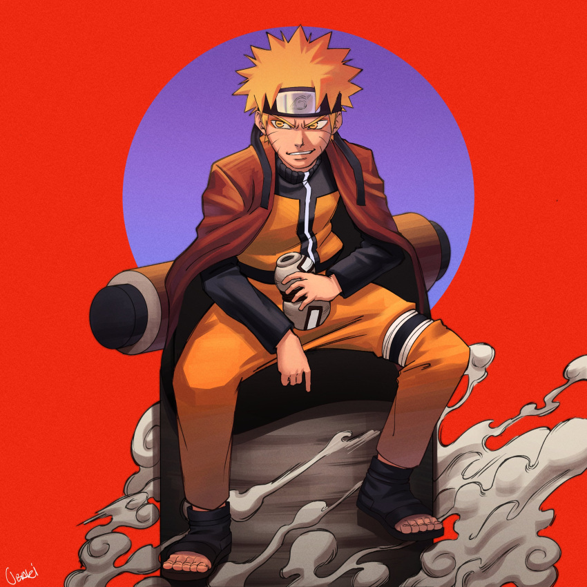 1boy absurdres blonde_hair blue_eyes commentary english_commentary facial_mark forehead_protector highres male_focus naruto_(series) naruto_shippuuden ninja obariln open_mouth sandals scroll short_hair solo spiky_hair straight-on uzumaki_naruto whisker_markings
