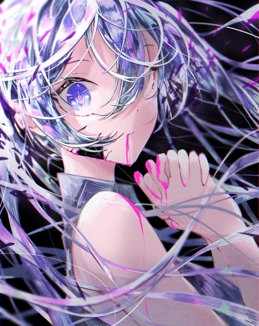 1girl bangs black_background blood blood_from_mouth blood_on_face blood_on_hands blue_eyes blue_hair collared_shirt floating_hair from_side grey_shirt hair_between_eyes hatsune_miku highres long_hair looking_at_viewer parted_lips saksak_mocchiri shirt sleeveless sleeveless_shirt solo upper_body very_long_hair vocaloid wing_collar