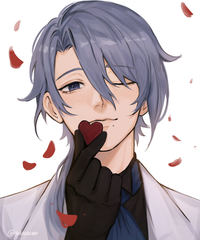 1boy alternate_costume bangs black_gloves blue_eyes blue_hair candy chocolate closed_mouth english_commentary food genshin_impact gloves hair_between_eyes heart heart-shaped_chocolate highres holding holding_chocolate holding_food jacket kamisato_ayato looking_at_viewer male_focus mole mole_under_mouth nokkusuart petals simple_background solo twitter_username upper_body white_background white_jacket
