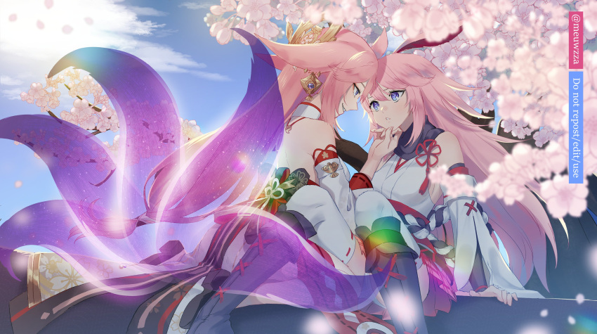 2girls absurdres animal_ears bare_shoulders blue_sky character_name cherry_blossoms clouds cloudy_sky crossover fox_ears fox_tail genshin_impact hand_on_another's_chin highres honkai_(series) honkai_impact_3rd japanese_clothes looking_at_another meuwzza_(me_zwa) mihoyo_technology_(shanghai)_co._ltd. miko multiple_girls outdoors pink_hair pink_skirt sakura_ayane skirt sky tail thigh-highs trait_connection violet_eyes voice_actor_connection white_legwear white_sleeves yae_miko yae_sakura yae_sakura_(gyakushinn_miko)