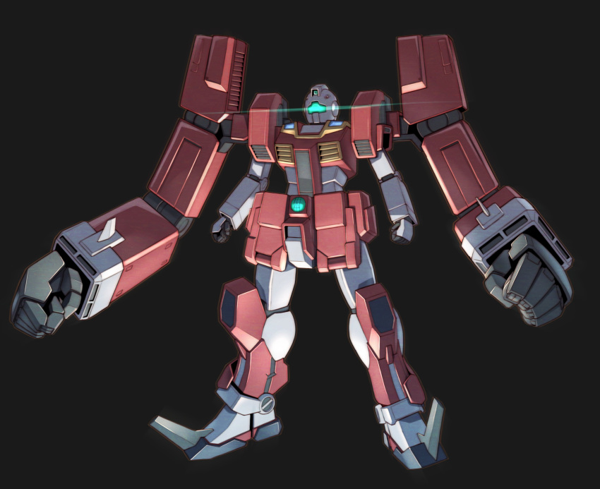 absurdres black_background clenched_hands densetsu_kyojin_ideon extra_arms fusion glowing gm_(mobile_suit) gundam highres ideon look-alike mecha mobile_suit mobile_suit_gundam science_fiction solo takahashi_masaki visor