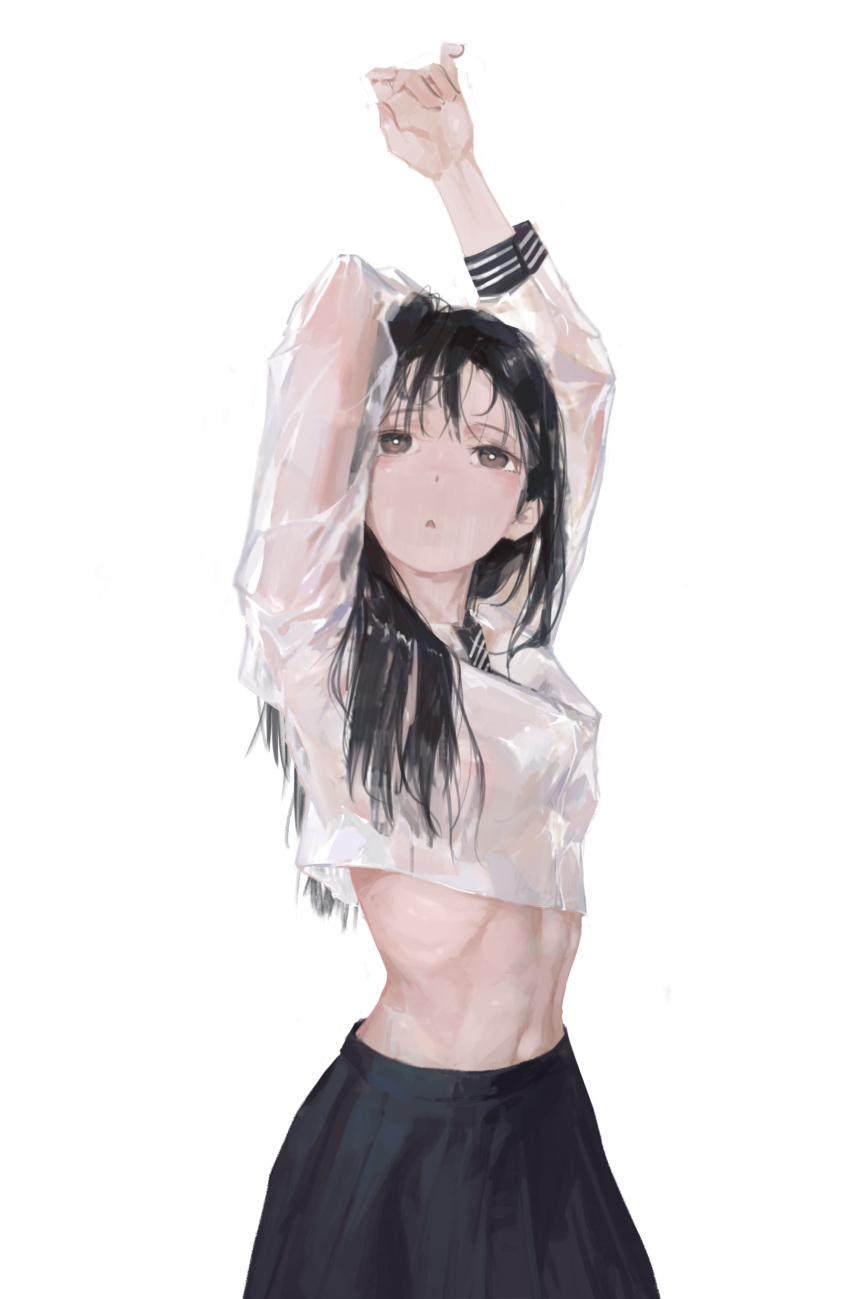 1girl absurdres arms_up black_hair black_skirt brown_eyes cowboy_shot dino_(dinoartforame) highres long_hair looking_at_viewer open_mouth original pleated_skirt ribs shirt skirt solo wet wet_clothes wet_hair wet_shirt white_background white_shirt