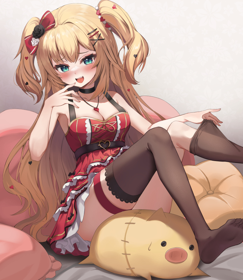 1girl :d absurdres akai_haato bangs bare_arms blonde_hair blue_eyes blush bow breasts brown_legwear dress eyebrows_visible_through_hair frilled_dress frills haaton_(akai_haato) hair_bow hair_ornament hairclip heart heart_hair_ornament highres hololive layered_dress long_hair looking_at_viewer medium_breasts no_shoes pharamacom red_bow red_dress sitting sleeveless sleeveless_dress smile solo thigh-highs thigh_strap thighhighs_pull two_side_up very_long_hair virtual_youtuber x_hair_ornament