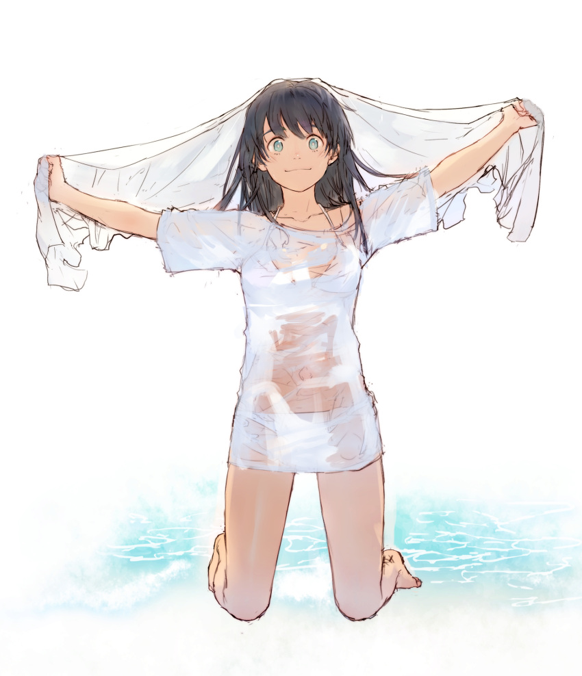 1girl arms_up barefoot bikini black_hair blue_eyes breasts commentary_request covered_navel full_body highres kneeling long_hair looking_at_viewer original p!k@ru shirt short_sleeves smile solo swimsuit towel water wet wet_clothes wet_shirt white_bikini