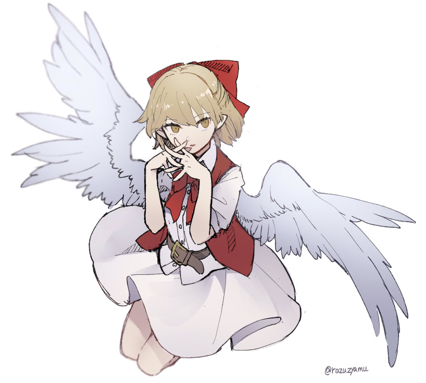 angel_wings belt blonde_hair bow bowtie brown_belt buttons collared_shirt feathered_wings gengetsu_(touhou) hair_bow highres interlocked_fingers open_clothes open_vest puffy_short_sleeves puffy_sleeves razuzyamu red_bow red_bowtie red_vest shirt short_hair short_sleeves simple_background skirt touhou touhou_(pc-98) vest white_background white_shirt white_skirt white_wings wings yellow_eyes