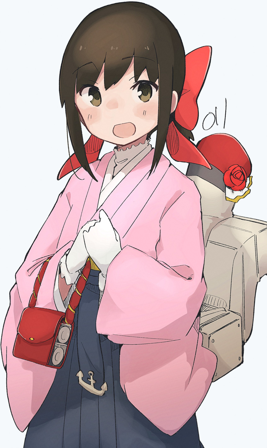 1girl absurdres alternate_costume bag bangs blue_hakama bow brown_eyes brown_hair eyebrows_visible_through_hair flower fubuki_(kancolle) gloves grey_background hair_bow hakama handbag highres japanese_clothes kantai_collection kimono looking_at_viewer ma_rukan meiji_schoolgirl_uniform one-hour_drawing_challenge open_mouth pink_kimono red_bow red_flower red_rose rigging rose signature simple_background solo taishou white_gloves wide_sleeves