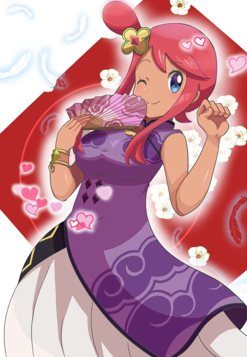 1girl ;) bangs blue_eyes breasts china_dress chinese_clothes clenched_hand closed_mouth commentary_request dress eyebrows_visible_through_hair eyelashes hair_ornament hand_fan hands_up highres holding holding_fan jewelry official_alternate_costume one_eye_closed one_side_up paper_fan pink_hair pokemon pokemon_(game) pokemon_masters_ex purple_dress saon101 shiny shiny_skin short_hair_with_long_locks sidelocks skyla_(pokemon) smile solo tied_hair