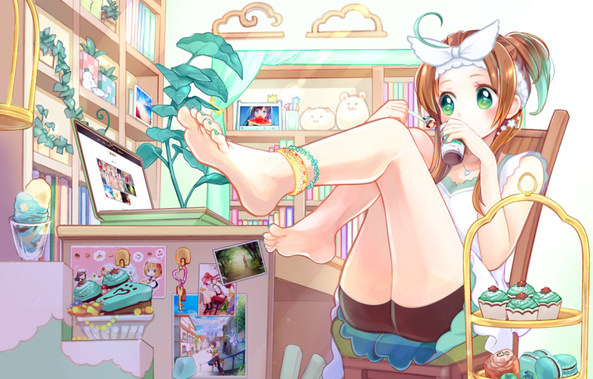 1girl anklet bare_shoulders barefoot bookshelf brown_hair chair computer cupcake dessert food green_eyes hagihiyo_(hagihiyo525) hairband jewelry laptop legs legs_up nail_polish original plant short_hair shorts sitting soles solo toenail_polish toenails toes