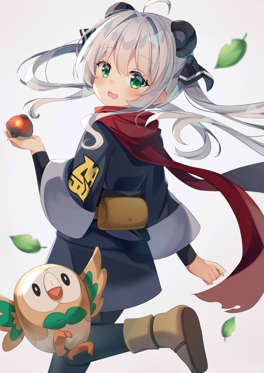 1girl :d absurdres ahoge akari_(pokemon) akari_(pokemon)_(cosplay) animal_ears black_kimono black_legwear boots brown_footwear cosplay grey_background hair_intakes highres holding holding_poke_ball ikazu401 japanese_clothes kimono long_hair looking_at_viewer looking_to_the_side original pantyhose poke_ball poke_ball_(legends) pokemon pokemon_(creature) pokemon_(game) pokemon_legends:_arceus red_scarf rowlet scarf shoe_soles silver_hair simple_background smile standing standing_on_one_leg twintails