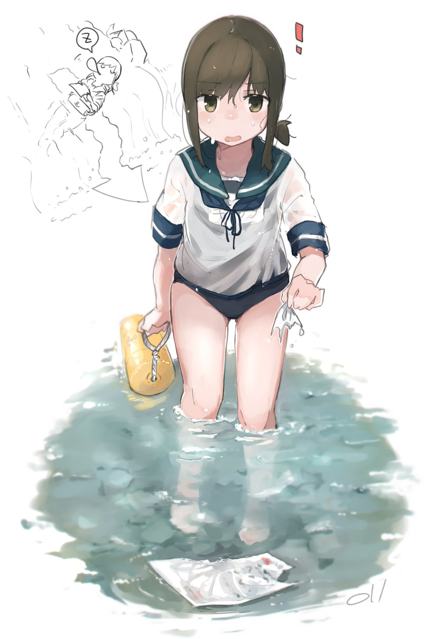 ! 1girl absurdres bare_legs barefoot black_hair black_swimsuit blue_sailor_collar closed_eyes eyebrows_visible_through_hair fubuki_(kancolle) green_eyes highres kantai_collection ma_rukan multiple_views open_mouth paper partially_submerged sailor_collar school_uniform serafuku short_hair short_ponytail short_sleeves signature simple_background swimsuit swimsuit_under_clothes water white_background