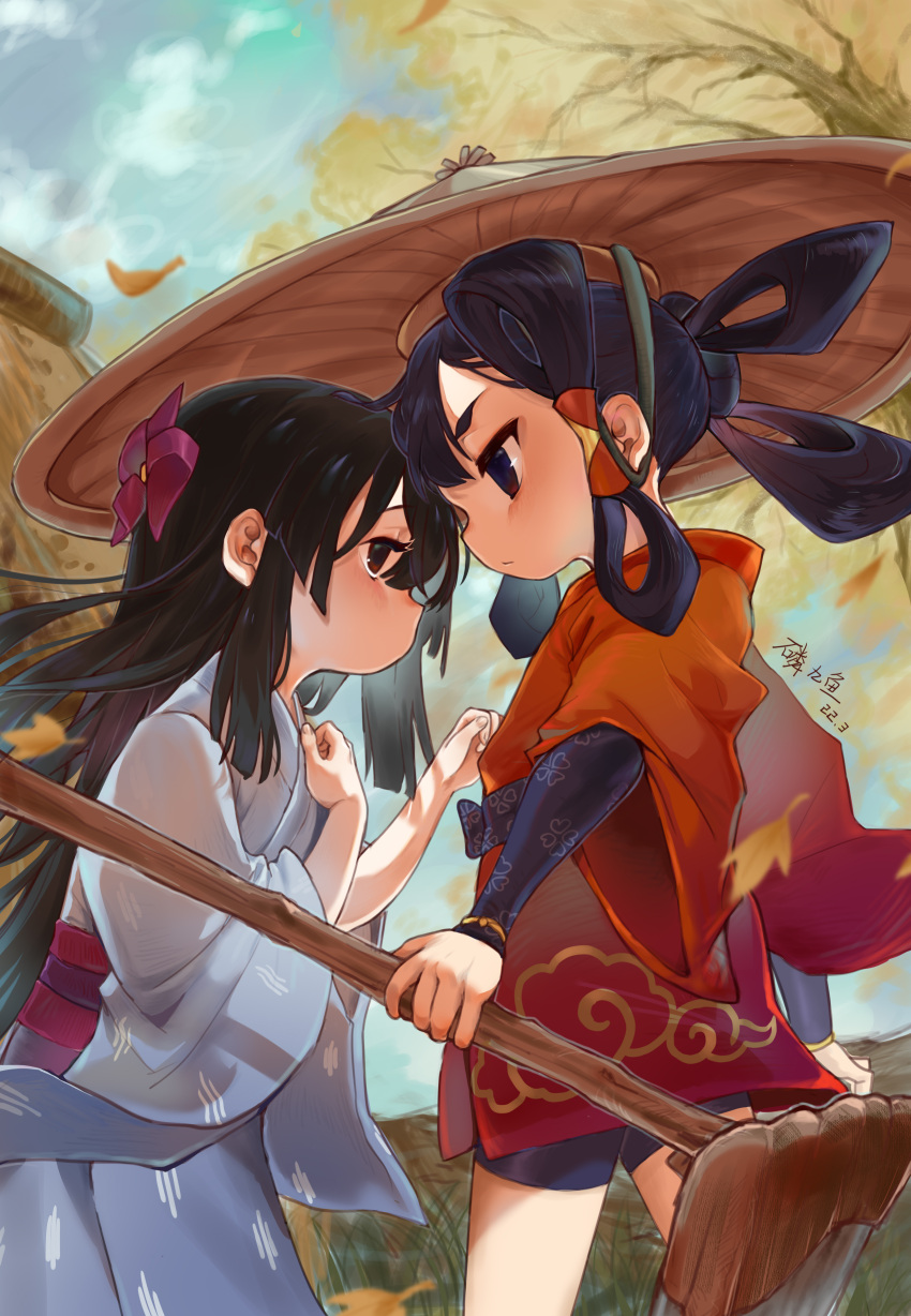 2girls absurdres arm_up bike_shorts black_hair black_shorts blue_kimono blush brown_eyes clouds eye_contact face-to-face hand_on_own_chest hat highres hoe japanese_clothes kimono leaf linjiiyu_ly9 long_hair looking_at_another multiple_girls obi outdoors pinwheel_hair_ornament print_kimono red_kimono rice_hat sakuna-hime sash shorts sky tensui_no_sakuna-hime tree very_long_hair wind yui_(tensui_no_sakuna-hime) yuri