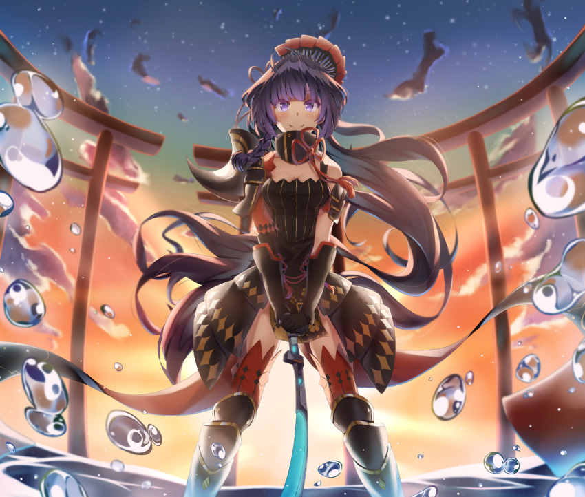 1girl akausuko armor armored_boots bangs boots clip_studio_paint_(medium) closed_mouth clouds cloudy_sky gauntlets hair_ornament highres holding holding_sword holding_weapon honkai_(series) honkai_impact_3rd japanese_armor katana looking_at_viewer outdoors ponytail purple_hair raiden_mei raiden_mei_(shadow_dash) sky smile solo sunset sword violet_eyes water weapon