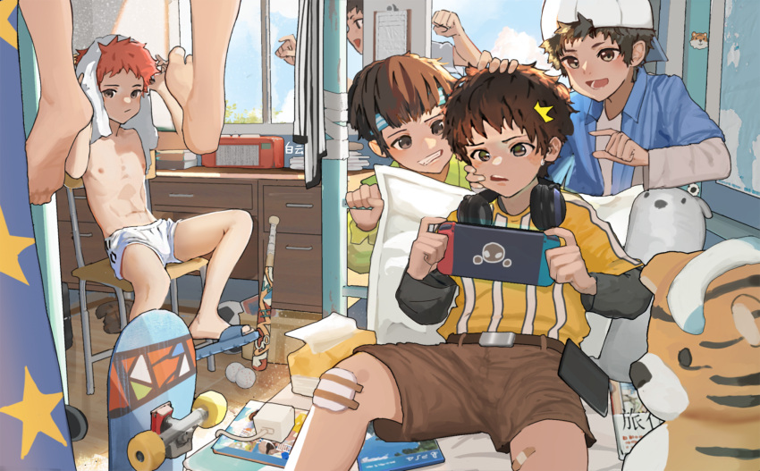 6+boys baiyun_(13487) bandaged_leg bandages barefoot baseball baseball_bat bedroom brown_eyes commentary_request highres indoors lying male_focus multiple_boys nintendo_switch original sandals shorts skateboard stuffed_animal stuffed_toy teeth tissue topless_male towel