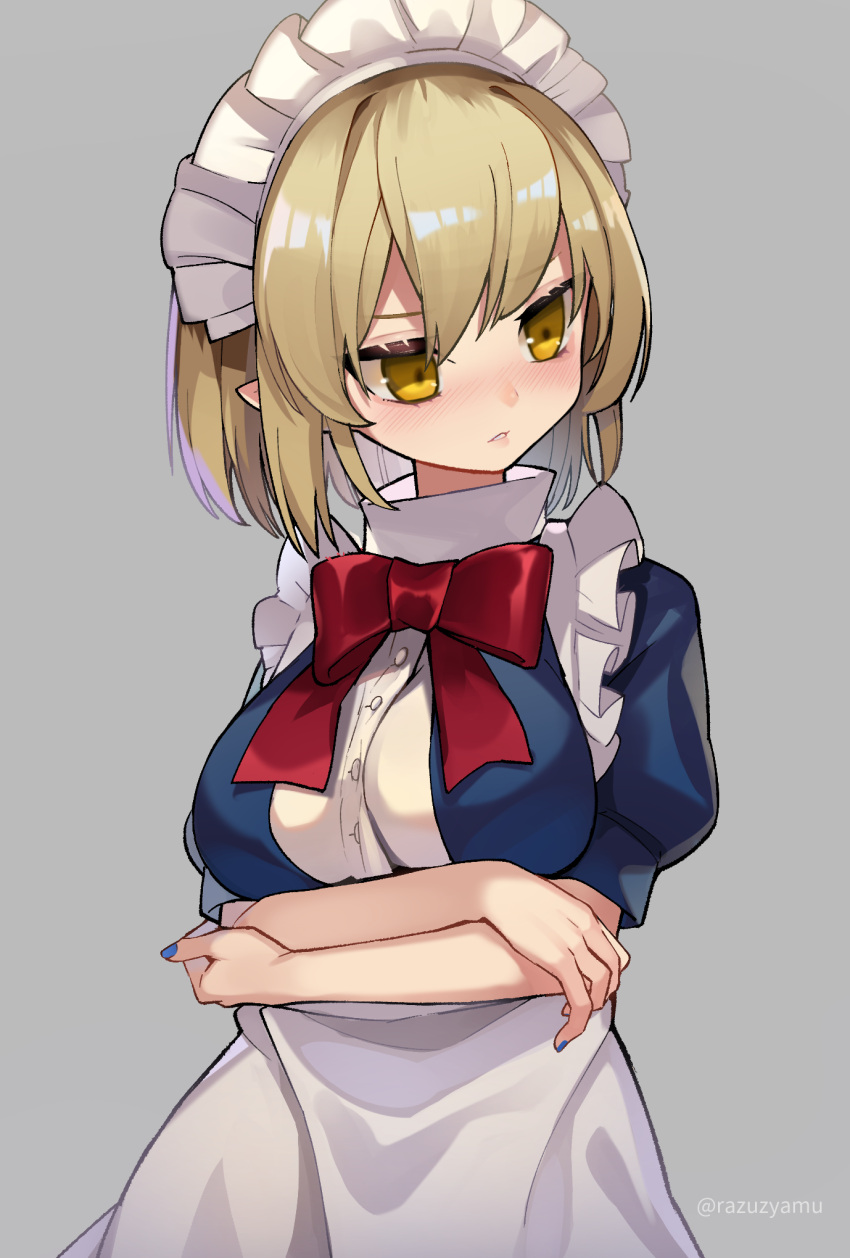 1girl alternate_breast_size apron arms_under_breasts bangs blonde_hair blue_dress blush bow bowtie commentary_request dress frilled_dress frills grey_background highres maid maid_headdress mugetsu_(touhou) puffy_short_sleeves puffy_sleeves razuzyamu red_bow red_bowtie short_hair short_sleeves simple_background touhou touhou_(pc-98) upper_body waist_apron white_apron yellow_eyes