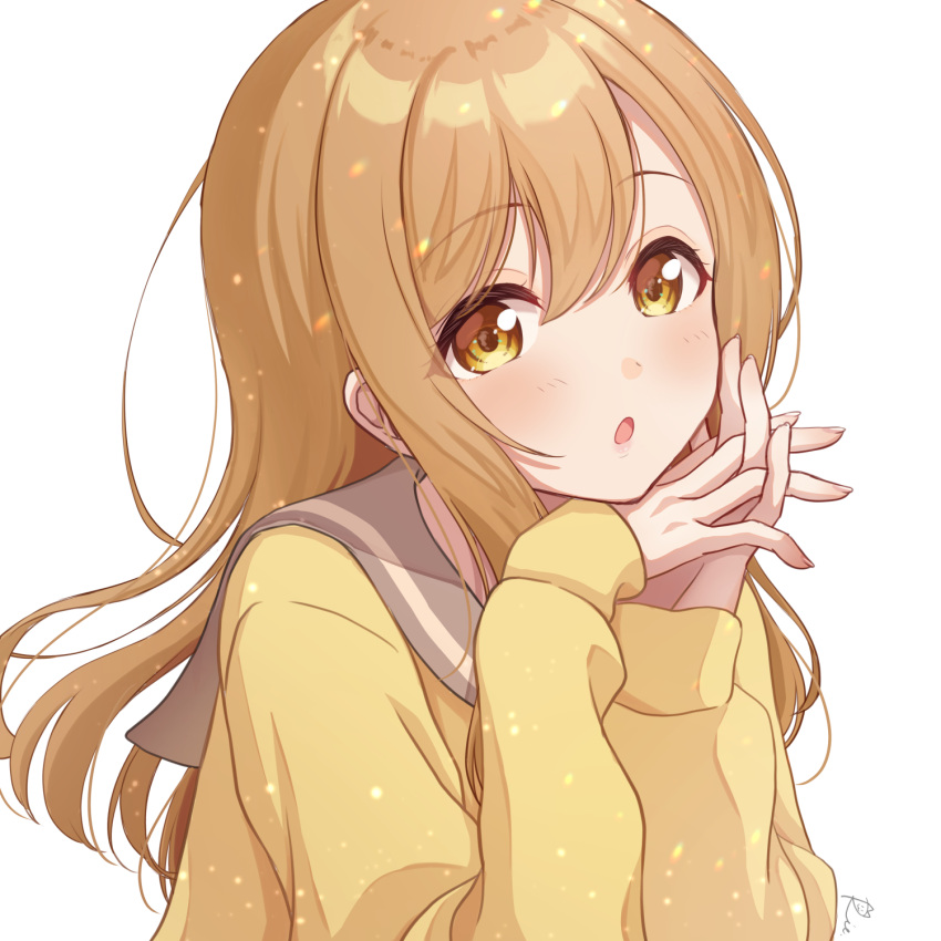 1girl blush brown_eyes commentary_request grey_sailor_collar highres kunikida_hanamaru light_brown_hair long_hair long_sleeves looking_at_viewer love_live! love_live!_sunshine!! necocafe_lili open_mouth sailor_collar school_uniform simple_background solo sweater_vest upper_body uranohoshi_school_uniform white_background