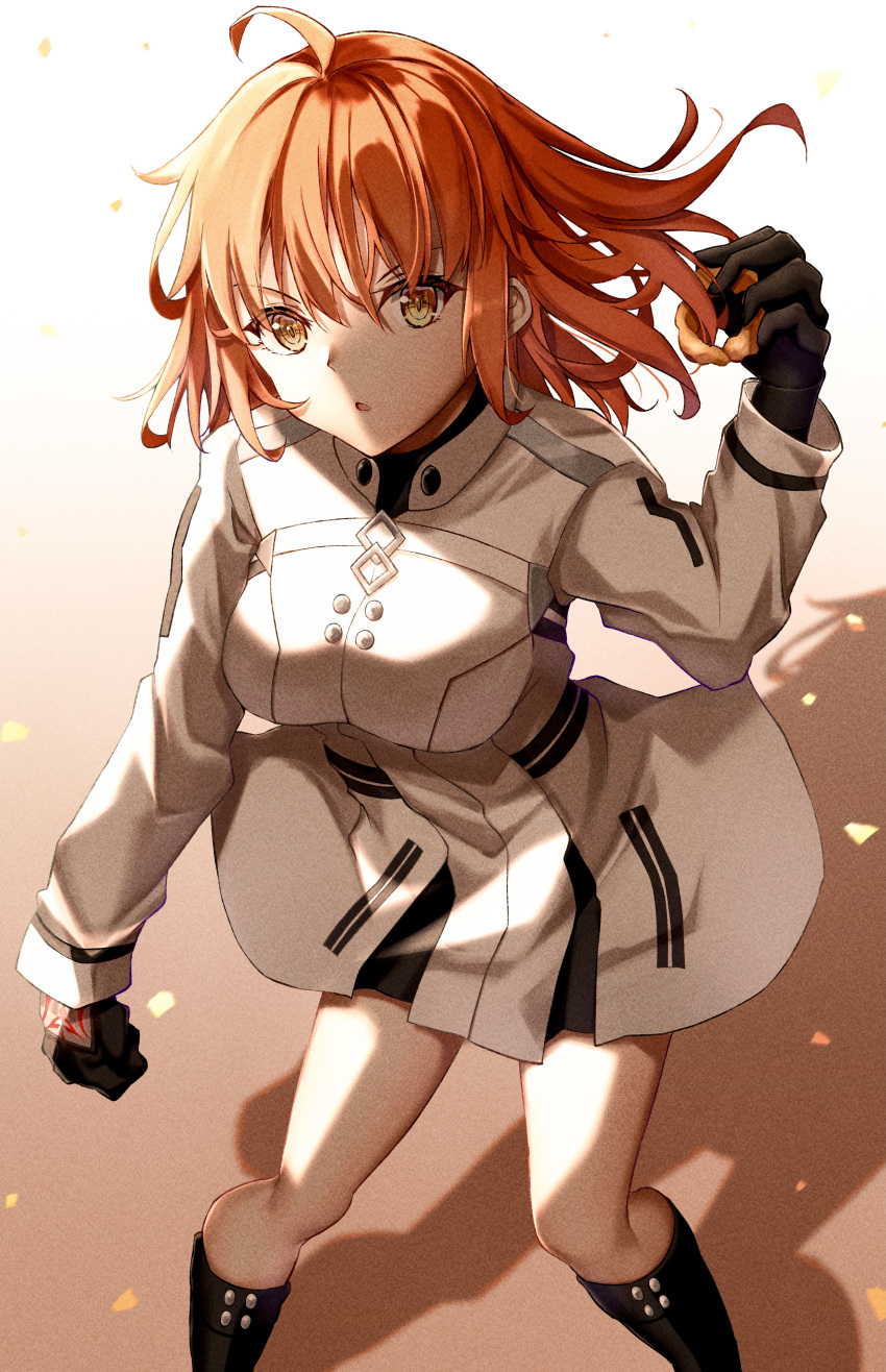 1girl absurdres ahoge bangs black_footwear black_gloves boots breasts dress fate/grand_order fate_(series) floating_hair fujimaru_ritsuka_(female) gloves hair_between_eyes highres holding knee_boots long_hair long_sleeves looking_at_viewer medium_breasts open_mouth orange_hair orange_scrunchie scrunchie short_dress solo standing toukan white_dress yellow_eyes