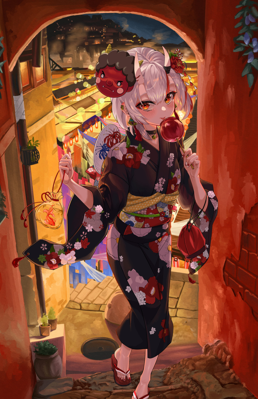 1girl :p absurdres bag bagged_fish bangs bell black_choker black_kimono blush candy_apple choker eyebrows_visible_through_hair festival fish floral_print flower food hair_flower hair_ornament hand_fan highres holding holding_food hololive horns japanese_clothes jingle_bell kimono kinchaku long_sleeves looking_at_viewer mask mask_on_head multicolored_hair nail_polish nakiri_ayame neck_bell obi oni_horns paper_fan pouch red_eyes red_flower red_nails redhead sandals sash short_hair simple_background snarkhunt solo stairs standing streaked_hair toenail_polish toenails tongue tongue_out uchiwa virtual_youtuber yukata