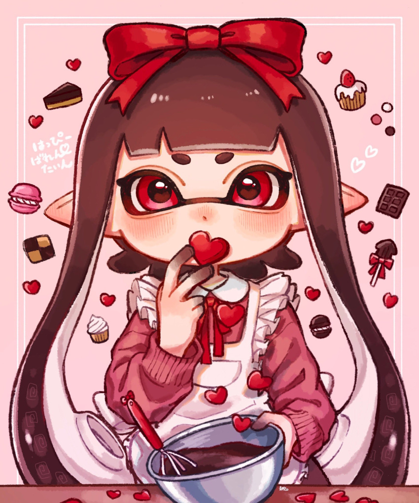 1girl aoaza_83 apron bangs blunt_bangs bowl brown_hair candy chocolate chocolate_bar commentary cookie cupcake food frilled_apron frills hair_ribbon happy_valentine heart highres holding holding_bowl holding_food inkling long_hair long_sleeves looking_at_viewer macaron mixing_bowl neck_ribbon pie pink_sweater pointy_ears red_eyes red_ribbon ribbon solo splatoon_(series) standing sweater tentacle_hair translated valentine whisk white_apron