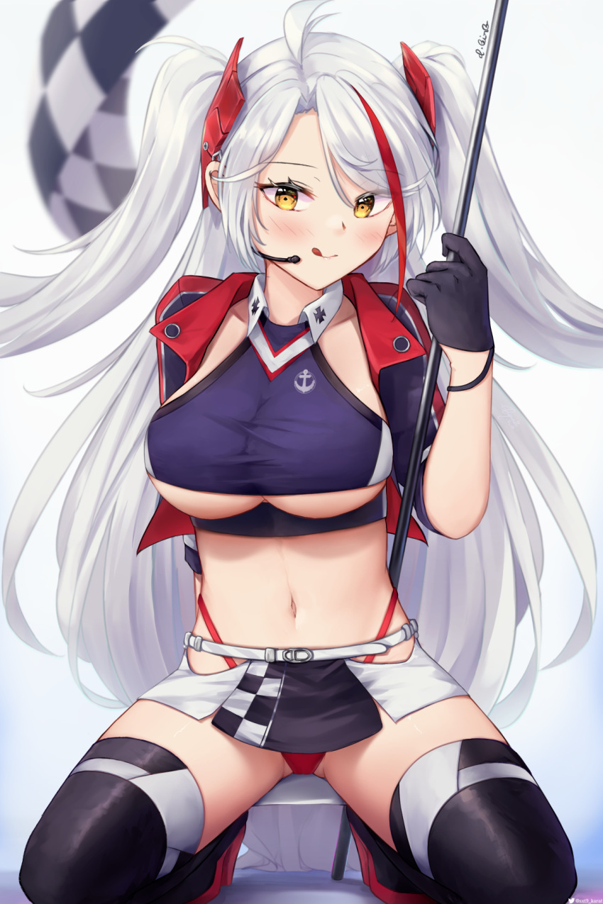 1girl :q antenna_hair azur_lane bangs black_gloves black_legwear blush breasts checkered_flag commentary crop_top cropped_jacket d.birb eyebrows_visible_through_hair flag gloves gradient gradient_background grey_background hand_up headset high_heels highleg highleg_panties highres holding holding_flag jacket large_breasts long_hair looking_at_viewer microskirt midriff multicolored_hair navel open_clothes open_jacket panties prinz_eugen_(azur_lane) redhead seiza short_sleeves silver_hair sitting skirt smile solo stomach streaked_hair thigh-highs thighs tongue tongue_out two_side_up under_boob underwear very_long_hair yellow_eyes