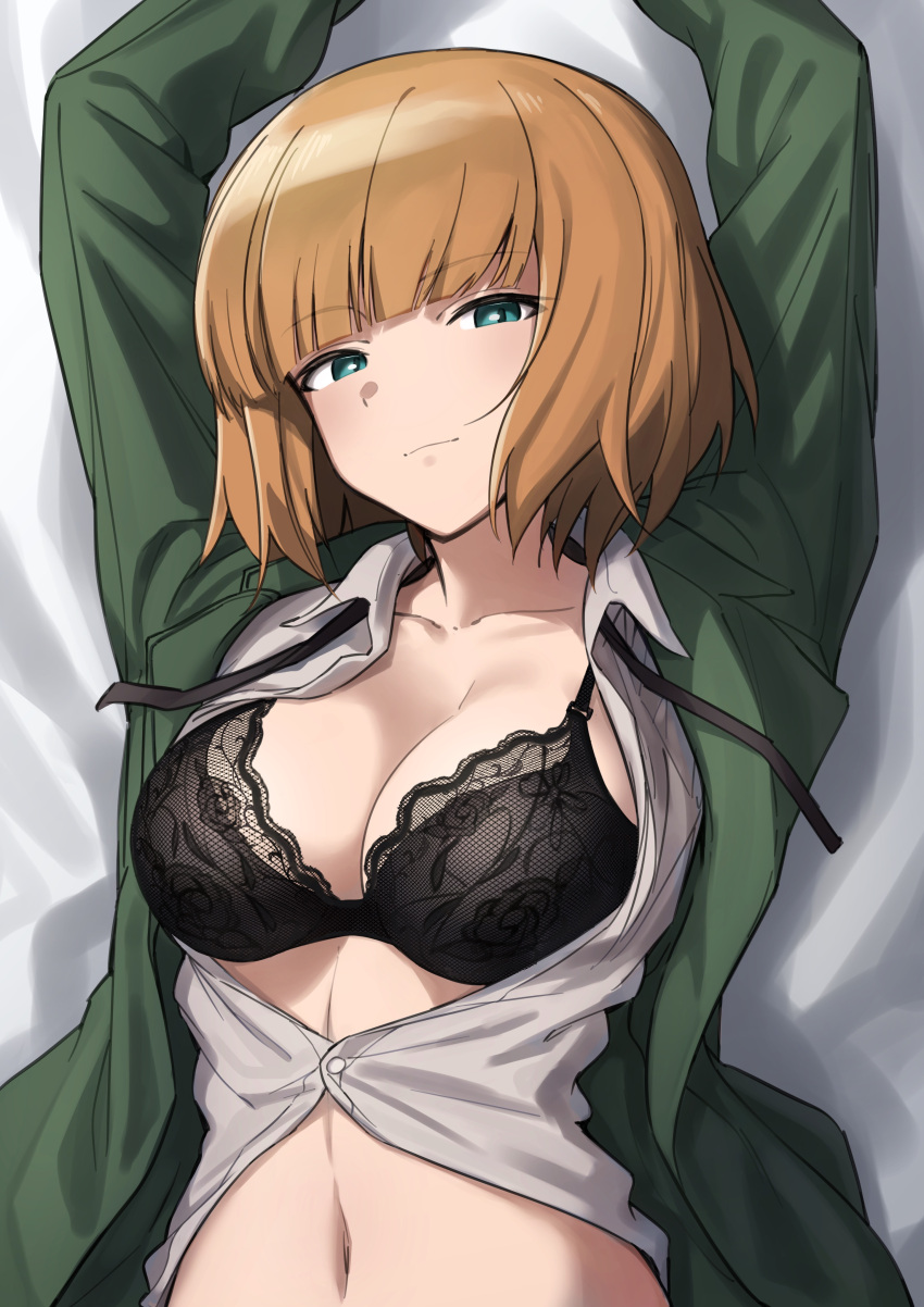 1girl absurdres arms_above_head black_bra black_necktie blue_eyes bra brown_hair fankupl green_jacket highres jacket large_breasts midriff navel necktie open_clothes open_jacket open_shirt shirt solo tagme white_background white_shirt