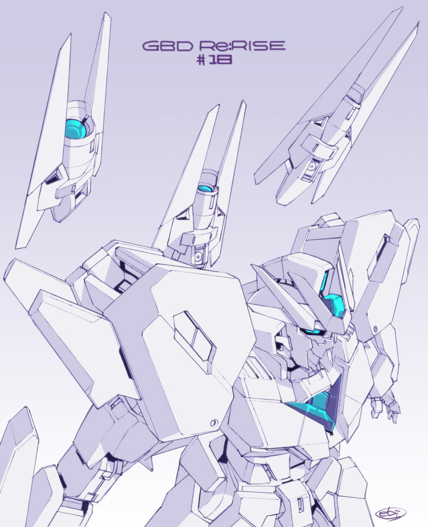 blue_eyes copyright_name ebikawa_kanetake episode_number from_above from_side funnels gradient gradient_background gundam gundam_build_divers gundam_build_divers_re:rise highres mecha mobile_suit open_hand signature solo spot_color upper_body uraven_gundam v-fin