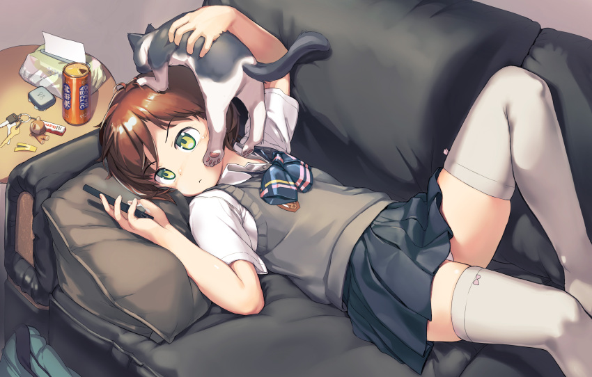 1girl absurdres annoyed azshang1 bow bowtie brown_hair cat cellphone collared_shirt couch green_eyes grey_skirt grey_sweater highres holding holding_phone looking_at_phone lying miniskirt on_back on_couch original phone pleated_skirt school_uniform shirt short_hair short_sleeves skirt sleeveless sleeveless_sweater smartphone solo sweater thigh-highs white_legwear white_shirt