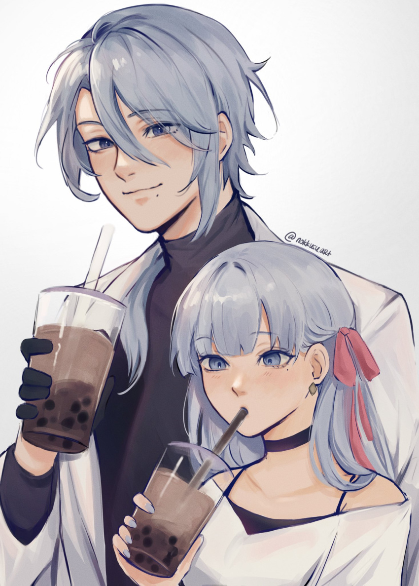 1boy 1girl alternate_costume alternate_hairstyle bangs black_choker black_gloves black_sweater blue_eyes blue_hair brother_and_sister bubble_tea choker closed_mouth cup disposable_cup drinking drinking_straw drinking_straw_in_mouth english_commentary eyebrows_visible_through_hair genshin_impact gloves hair_ribbon highres holding holding_cup jacket kamisato_ayaka kamisato_ayato long_hair looking_at_viewer mole mole_under_eye mole_under_mouth nail_polish nokkusuart ribbon siblings silver_hair simple_background sweater twitter_username upper_body white_jacket