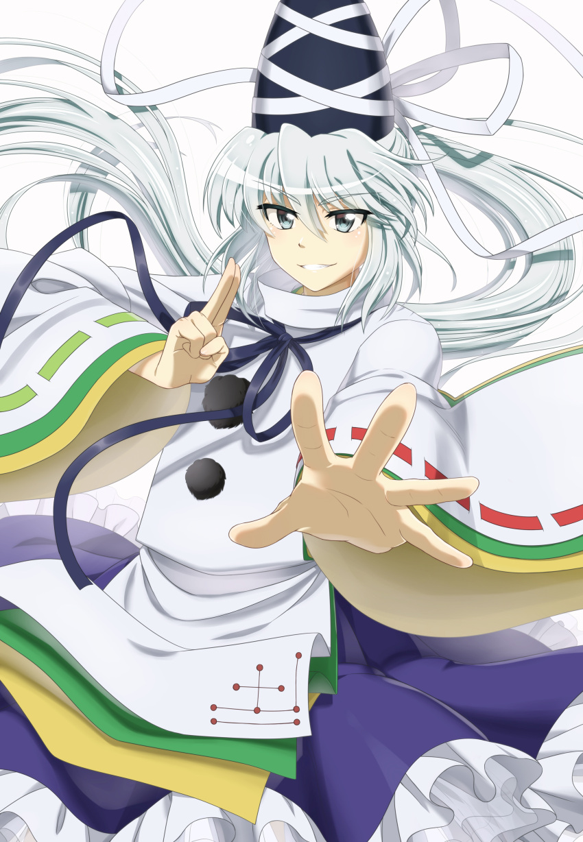 1girl absurdres bangs blue_skirt breasts commentary_request cowboy_shot frilled_skirt frills grey_eyes grey_hair grin hat highres japanese_clothes kariginu kin-kun long_hair long_sleeves mononobe_no_futo pom_pom_(clothes) ponytail ribbon-trimmed_sleeves ribbon_trim skirt small_breasts smile tate_eboshi touhou v-shaped_eyebrows very_long_hair wide_sleeves