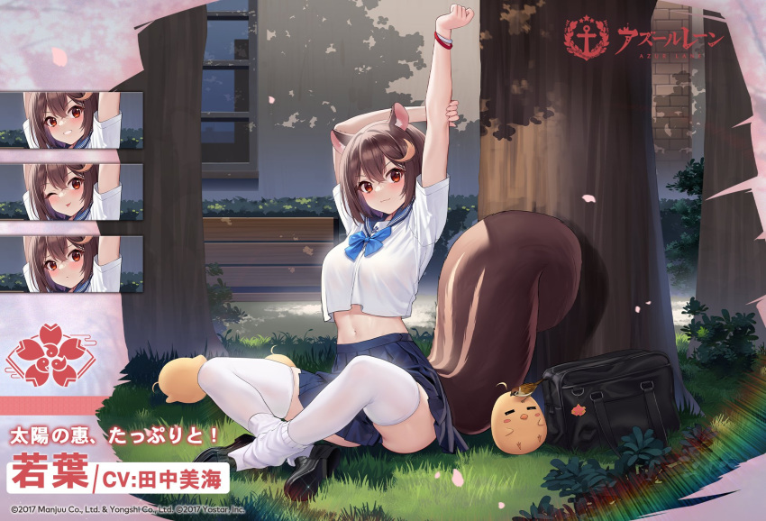 1girl animal_ears arms_up artist_request azur_lane bag black_footwear blue_neckwear bracelet brown_hair closed_mouth commentary_request expressions grass highres jewelry looking_at_viewer manjuu_(azur_lane) midriff navel official_alternate_costume official_art outdoors promotional_art red_eyes sakura_empire_(emblem) school_bag school_uniform serafuku short_hair short_sleeves sitting skirt squirrel_ears squirrel_tail stretch tail thigh-highs tree wakaba_(azur_lane) white_legwear