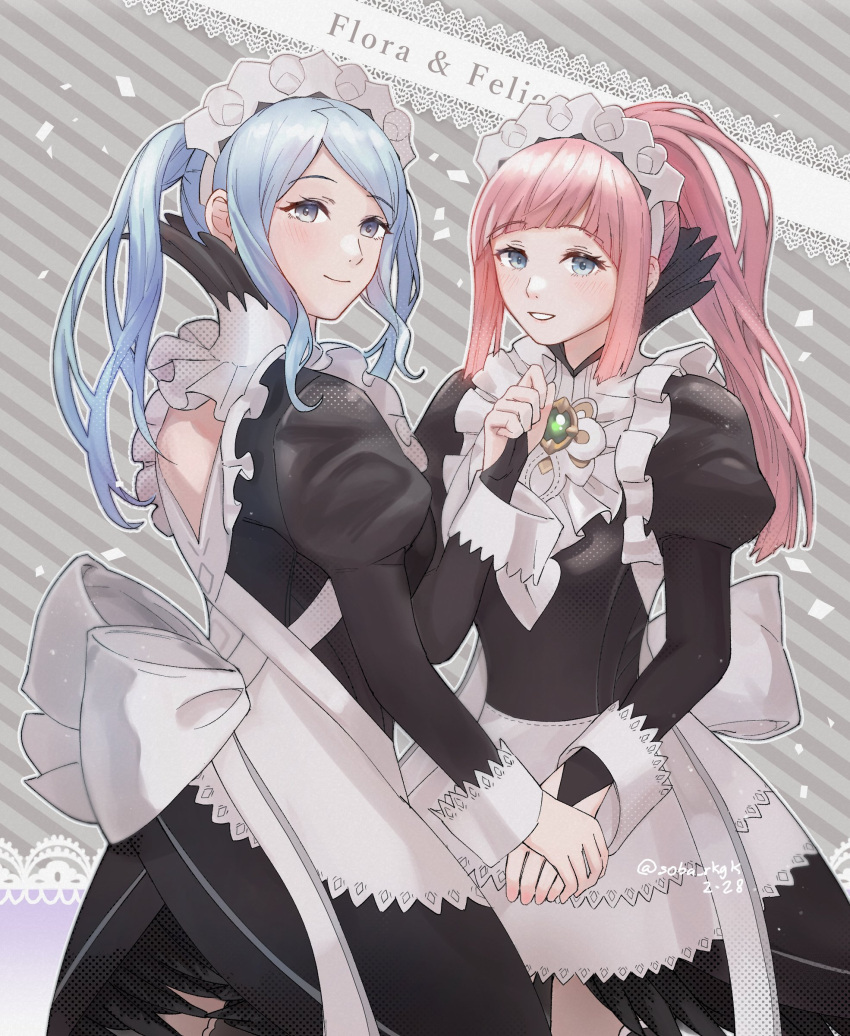 2girls absurdres apron bangs black_dress blue_hair bridal_gauntlets character_name dress eyebrows_visible_through_hair felicia_(fire_emblem) fire_emblem fire_emblem_fates flora_(fire_emblem) highres holding_hands juliet_sleeves long_hair long_sleeves looking_at_viewer maid maid_apron maid_headdress multiple_girls pink_hair ponytail puffy_sleeves siblings sisters smile soba_rkgk twins twintails