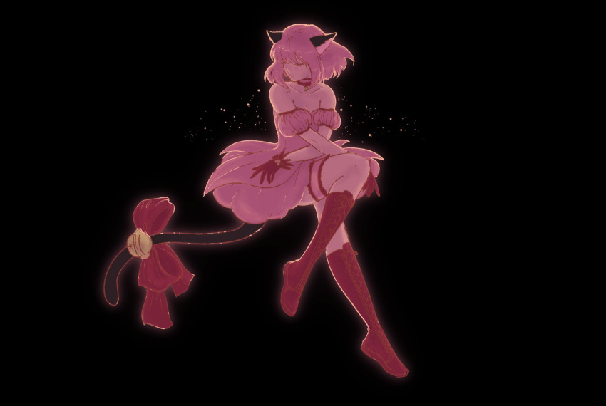 1girl animal_ears artist_request bangs bare_shoulders bell black_background boots bow cat_ears cat_girl cat_tail choker closed_eyes detached_sleeves dress frilled_dress frills gloves highres knee_boots magical_girl mew_ichigo momomiya_ichigo pink_choker pink_dress pink_eyes pink_hair pink_theme puffy_detached_sleeves puffy_sleeves red_gloves red_ribbon ribbon short_sleeves solo standing strapless strapless_dress tail tail_bell tail_bow tail_ornament tail_ribbon tokyo_mew_mew