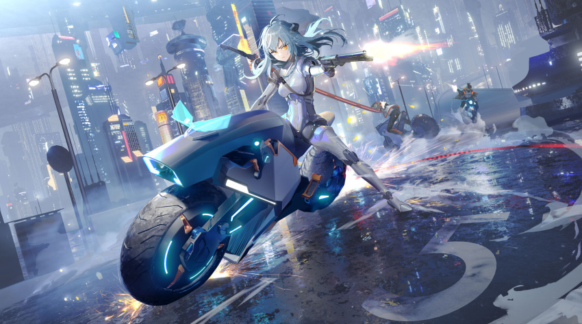 1girl 2others ahoge android bangs black_pants blue_hair bodysuit building closed_mouth commentary english_commentary eyebrows_visible_through_hair finger_on_trigger firing floating_hair ground_vehicle gun hair_between_eyes headgear highres holding holding_gun holding_weapon jacket joints lamppost long_hair motor_vehicle motorcycle multiple_others neon_trim open_clothes open_jacket orange_eyes original pants revolver road_sign robot_joints sa'yuki sign skyscraper smoke sparks sword sword_behind_back weapon weapon_on_back white_bodysuit white_jacket
