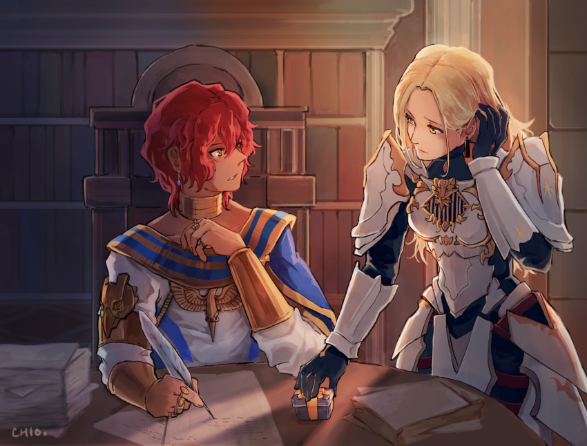1boy 1girl adjusting_hair armor black_gloves black_pants blonde_hair box breastplate chio_heya collarbone dohalim_(tales) earrings eye_contact faulds feathers gift gift_box gloves highres holding holding_feather indoors jewelry kisara_(tales) leaning_forward long_hair looking_at_another pants parted_lips red_eyes redhead ring short_hair shoulder_armor sitting standing tales_of_(series) tales_of_arise writing yellow_eyes