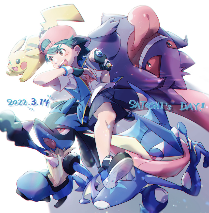 1boy absurdres alire_poke ash_ketchum baseball_cap black_hair character_request commentary_request denim full_body hat highres jacket jeans jumping looking_to_the_side lucario male_focus open_mouth pants pikachu pokemon pokemon_(creature) shirt short_hair shorts smile t-shirt tongue tongue_out